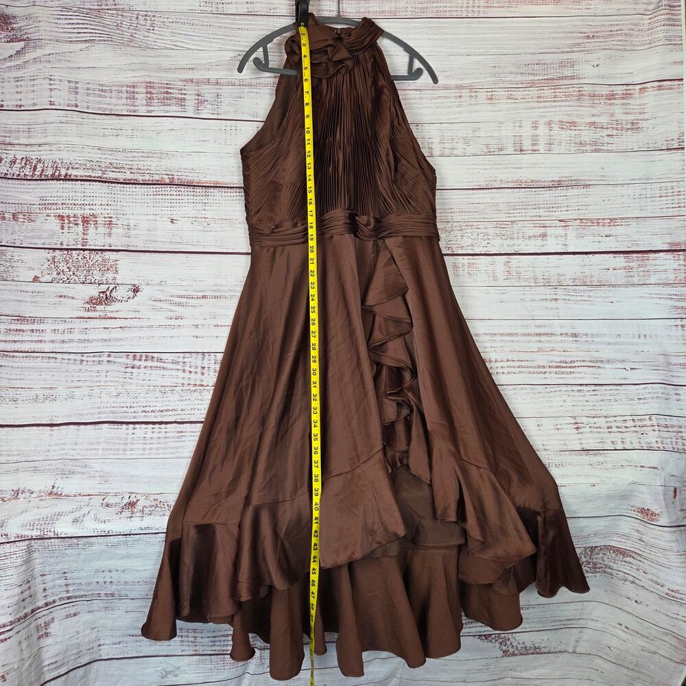 Mac Duggal Formal Tea-Length Dress 14 Cocoa Brown Asymmetric Pleated Ruffle NWT - Picture 15 of 16